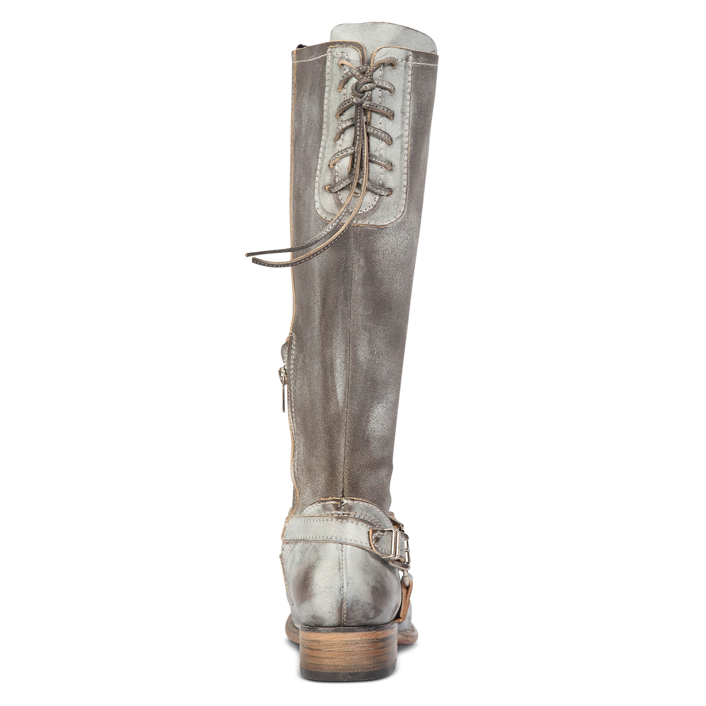 Back view showing working lace detailing and ankle strap on FREEBIRD women's Raleigh stone tall leather boot