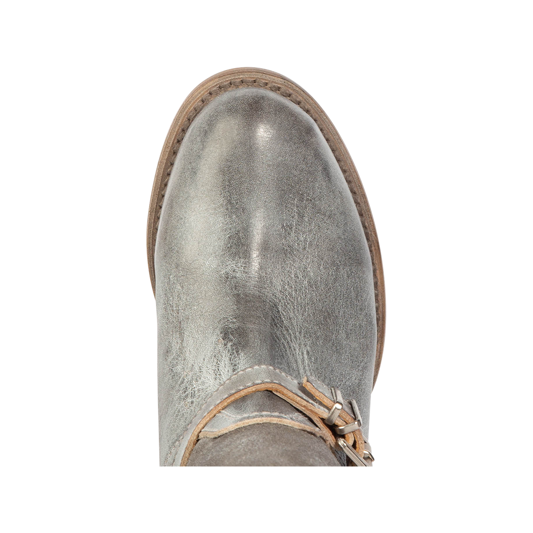 Top view showing almond toe construction on FREEBIRD women's Raleigh stone tall leather boot