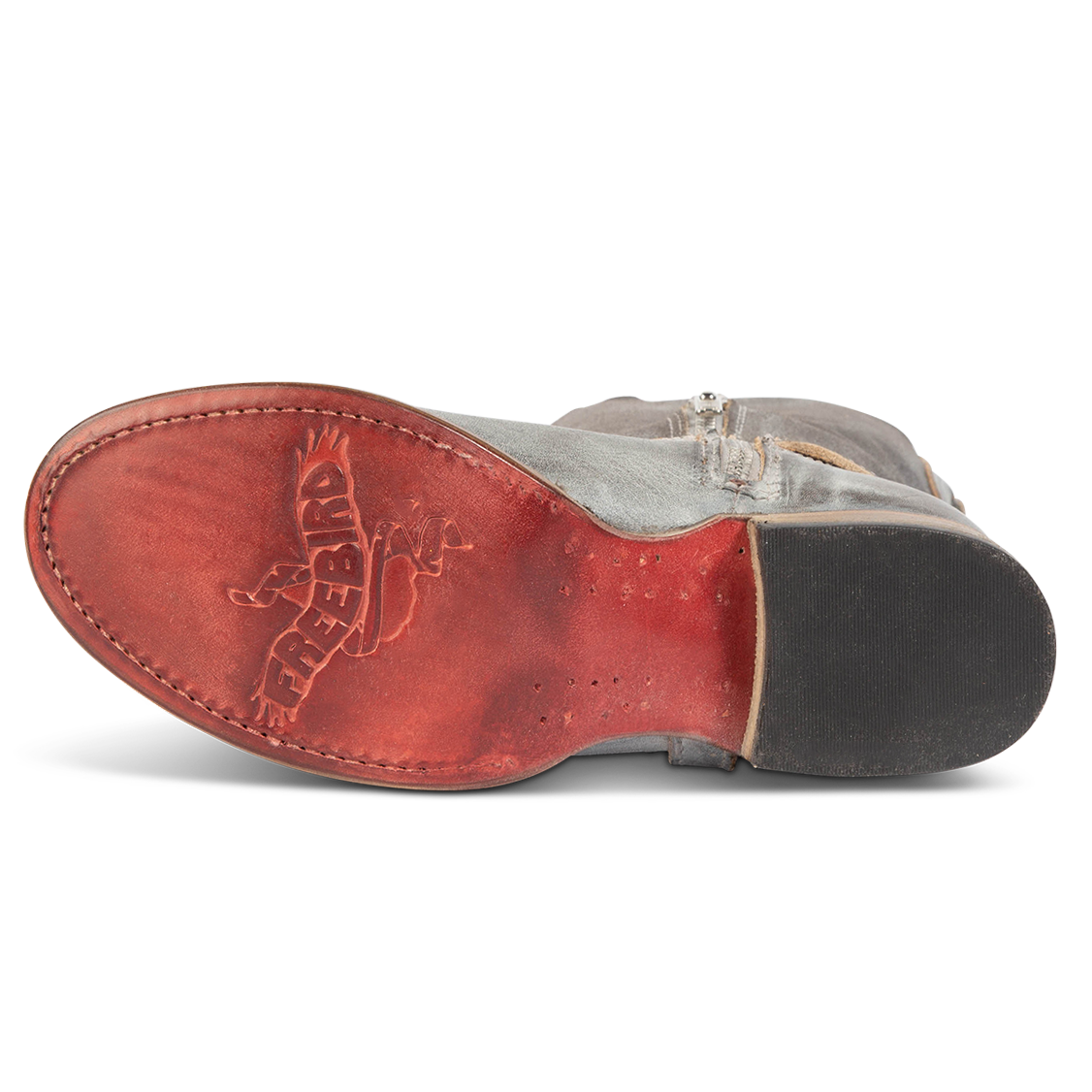 Leather sole imprinted with FREEBIRD on women's Raleigh stone leather tall boot