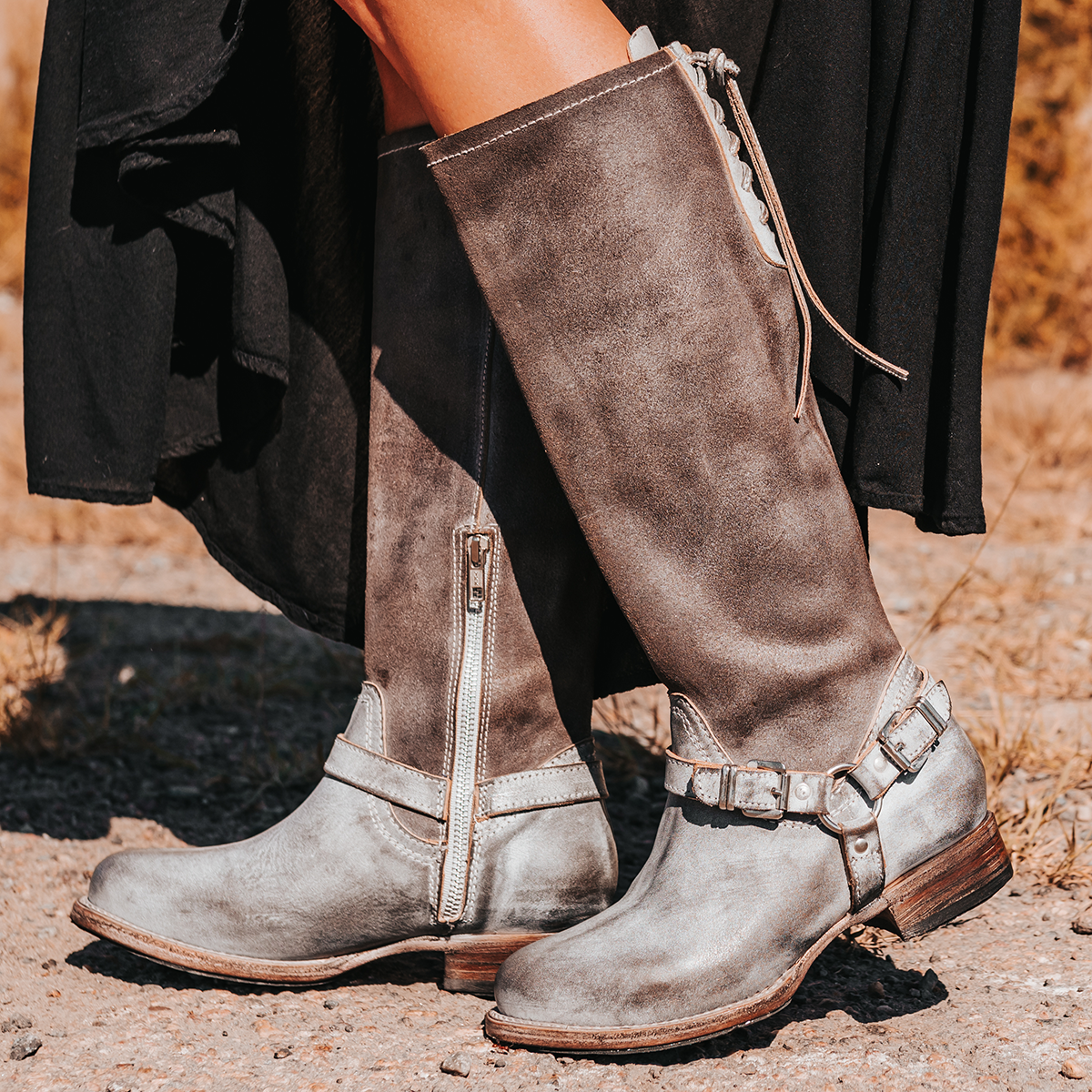 FREEBIRD women's Raleigh stone tall boot with metal harness and upper back lace detailing