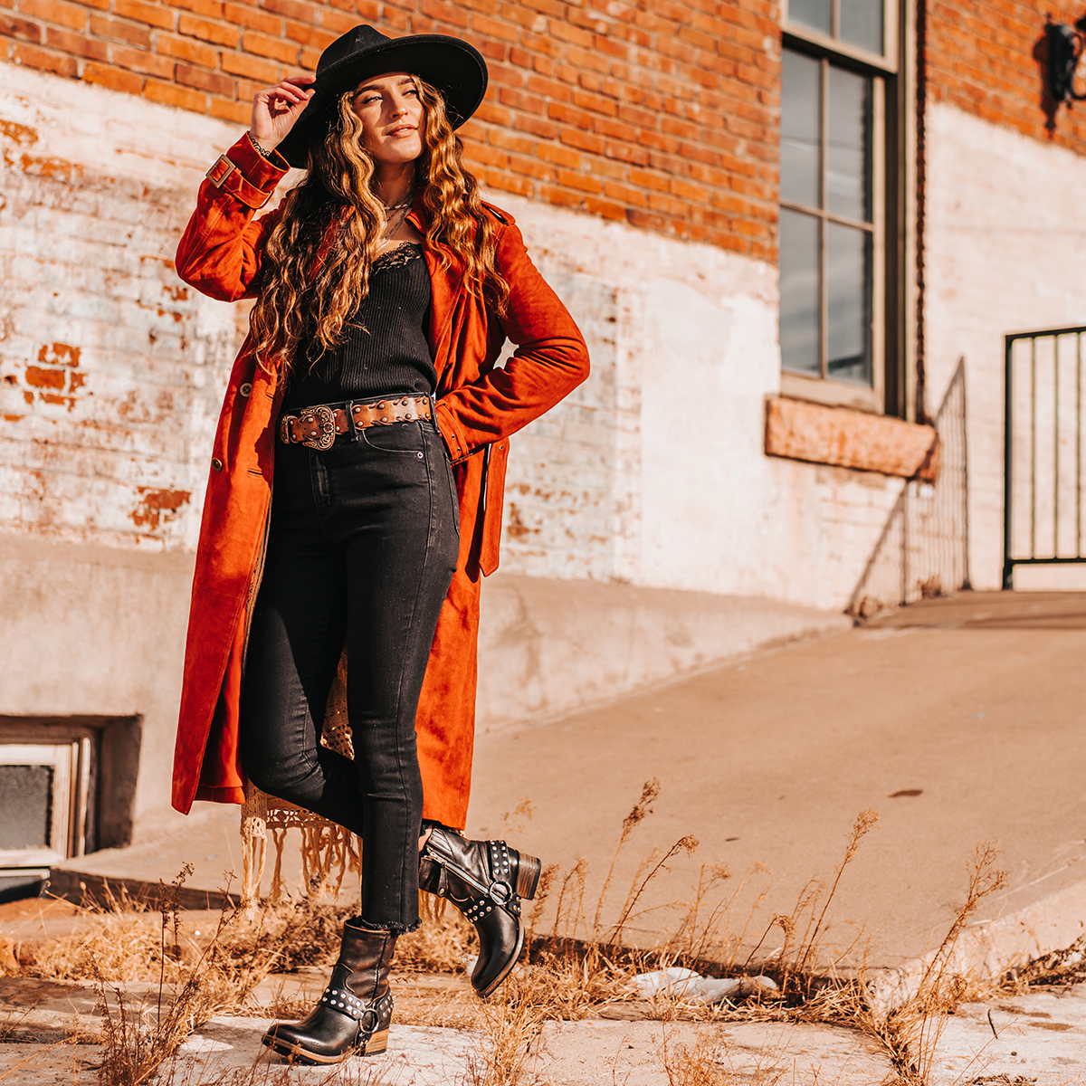 FREEBIRD women's Ramone black full grain leather western crown bootie with inside zip closure and embellished harness lifestyle