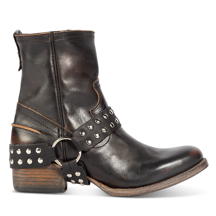 FREEBIRD women's Ramone black full grain leather western crown bootie with inside zip closure and embellished harness