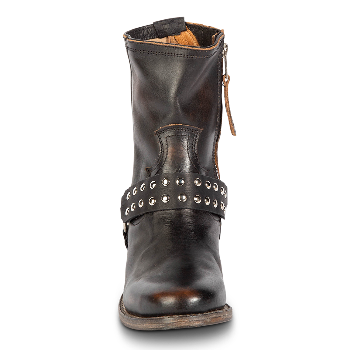 Front view showing western crown and embellished harness on FREEBIRD women's Ramone black leather bootie