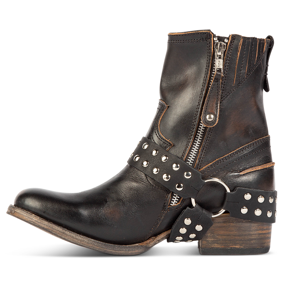 Inside view showing working zip closure and embellished harness on FREEBIRD women's Ramone black leather bootie