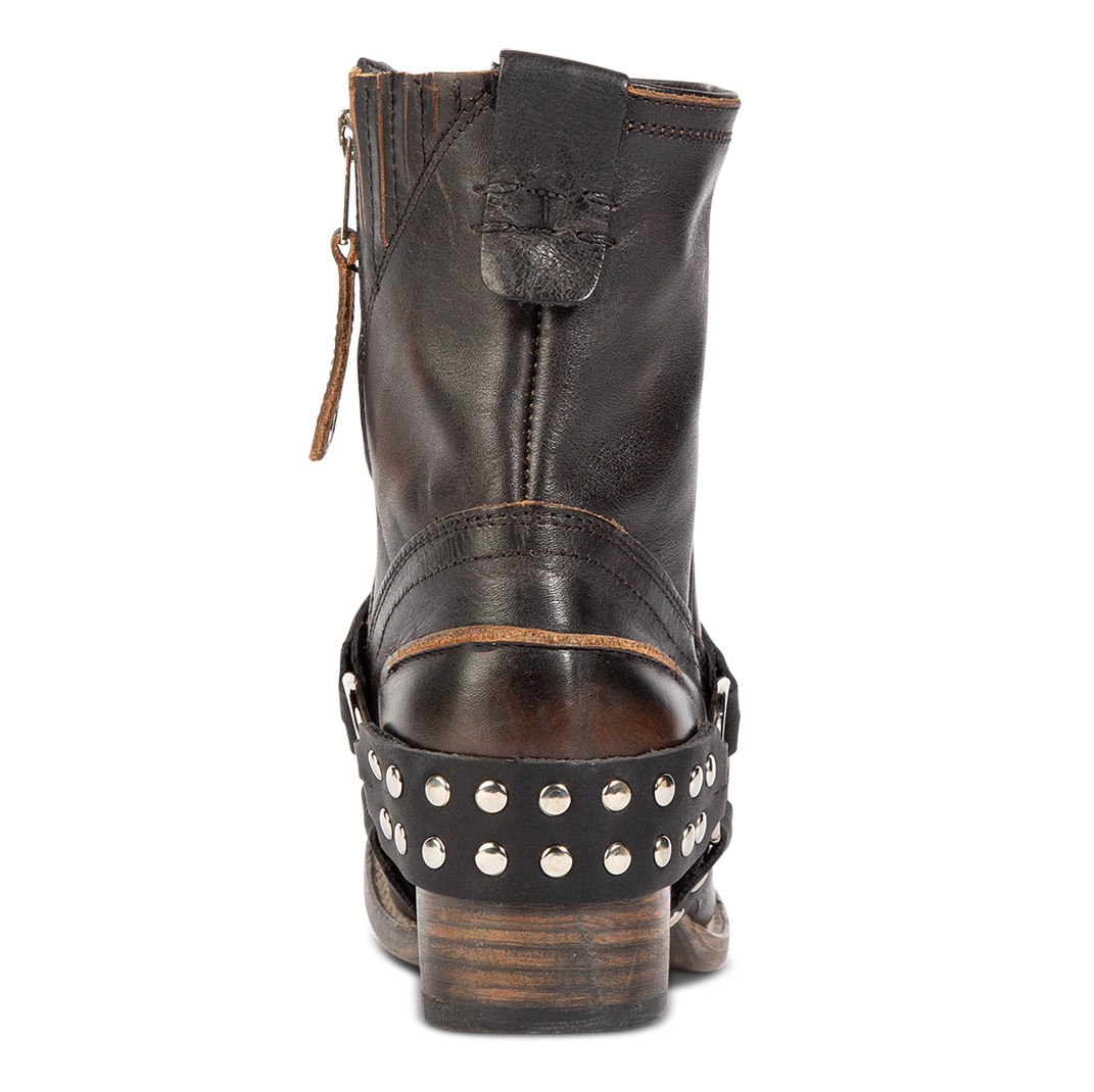 Back view showing back pull tab and embellished harness on FREEBIRD women's Ramone black leather bootie