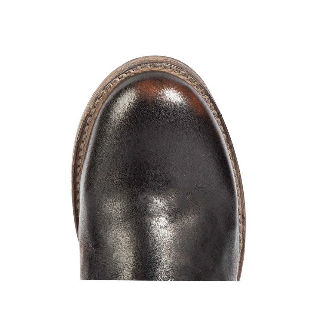 Top view showing round toe on FREEBIRD women's Ramone black leather bootie