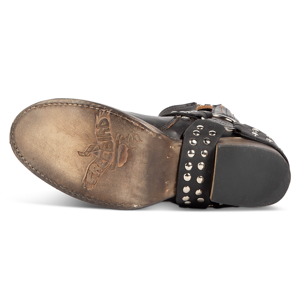 Leather sole imprinted with FREEBIRD on women's Ramone black leather bootie