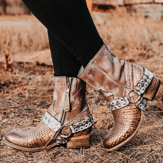 FREEBIRD women's Ramone blush multi full grain leather western crown bootie with inside zip closure and embellished harness