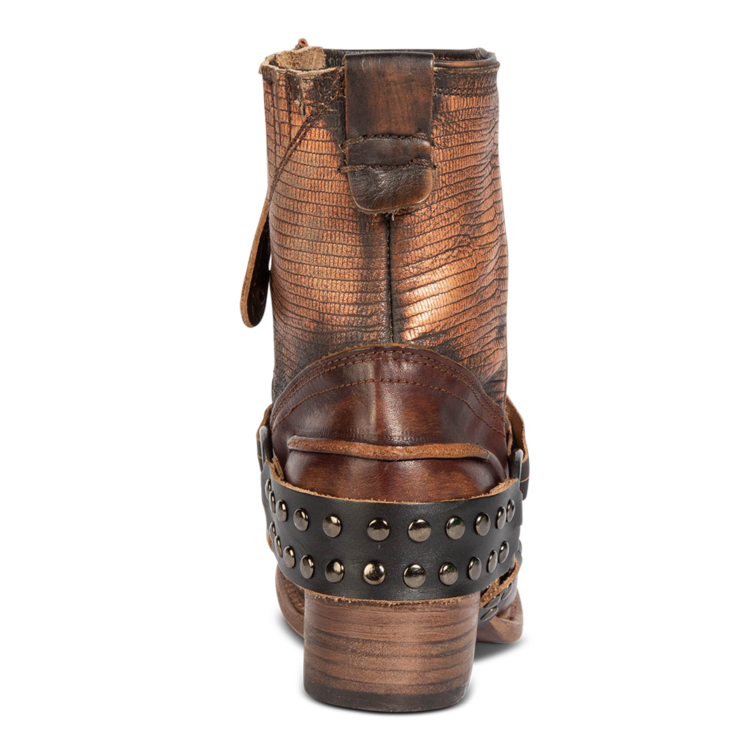 Back view showing back pull tab and embellished harness on FREEBIRD women's Ramone copper multi leather bootie