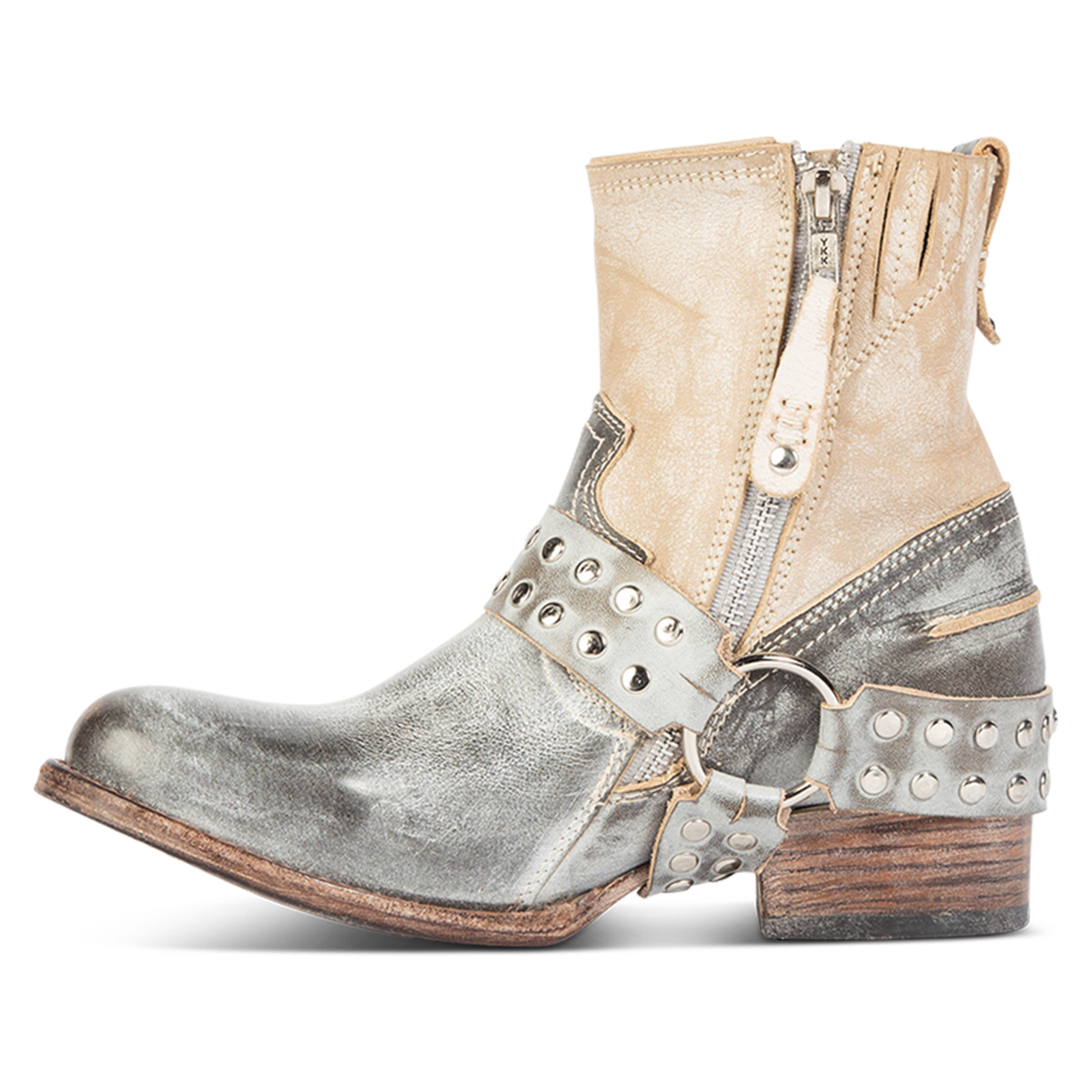 Inside view showing working zip closure and embellished harness on FREEBIRD women's Ramone ice multi leather bootie