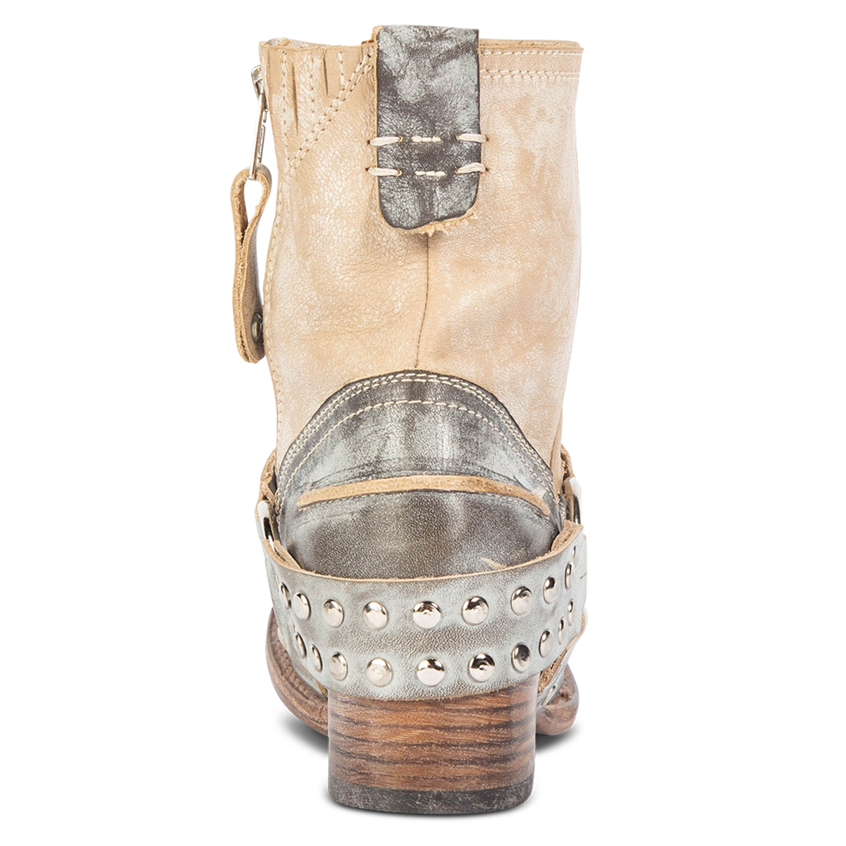 Back view showing back pull tab and embellished harness on FREEBIRD women's Ramone ice multi leather bootie