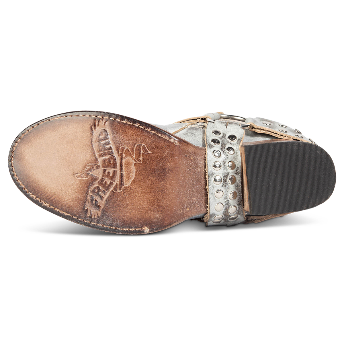 Leather sole imprinted with FREEBIRD on women's Ramone ice multi leather bootie