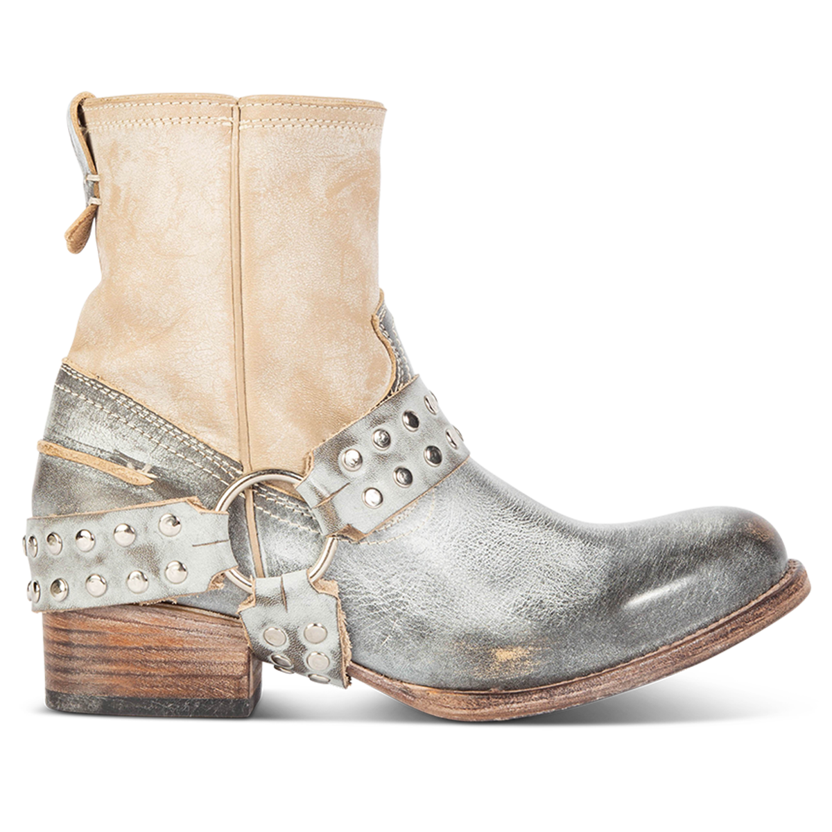 FREEBIRD women's Ramone ice multi full grain leather western crown bootie with inside zip closure and embellished harness