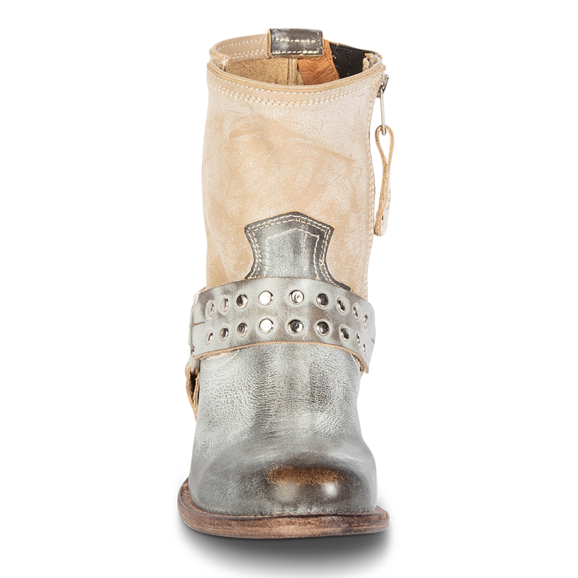 Front view showing western crown and embellished harness on FREEBIRD women's Ramone ice multi leather bootie