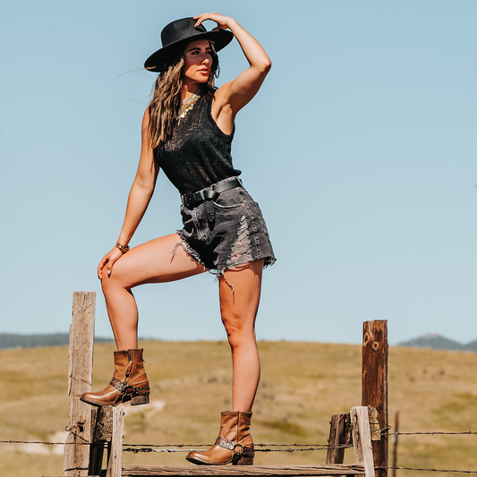 FREEBIRD women's Ramone tan full grain leather western crown bootie with inside zip closure and embellished harness lifestyle