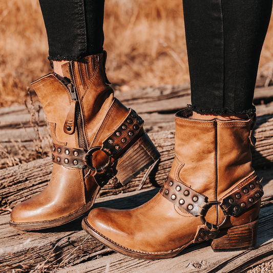 FREEBIRD women's Ramone tan full grain leather western crown bootie with inside zip closure and embellished harness