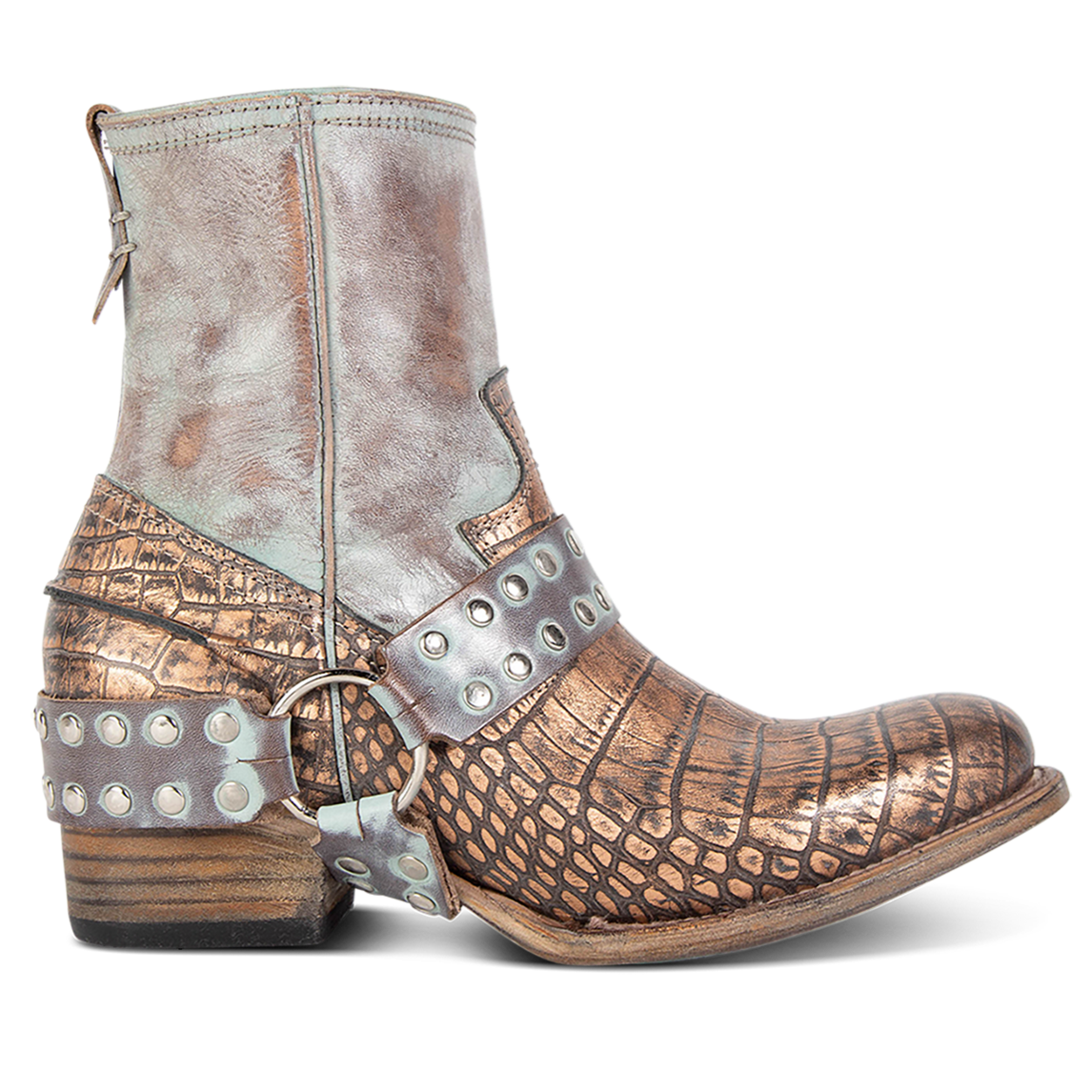 FREEBIRD women's Ramone blush multi full grain leather western crown bootie with inside zip closure and embellished harness