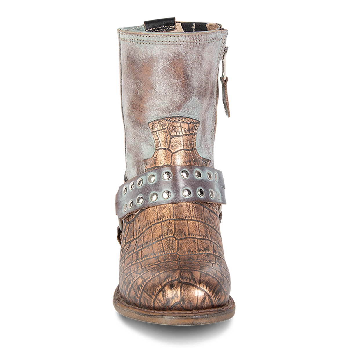 Front view showing western crown and embellished harness on FREEBIRD women's Ramone blush multi leather bootie