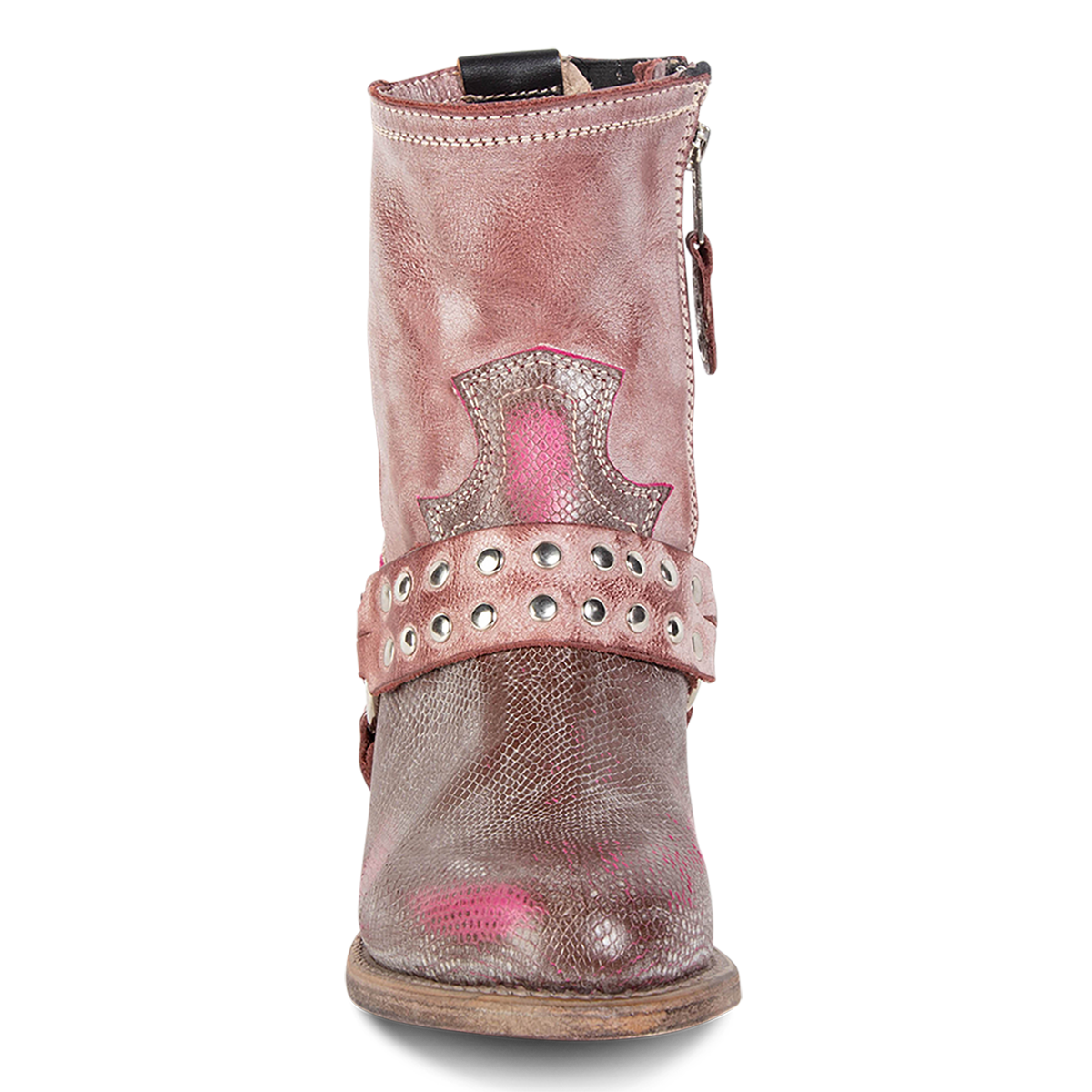 Front view showing western crown and embellished harness on FREEBIRD women's Ramone fuchsia multi leather bootie