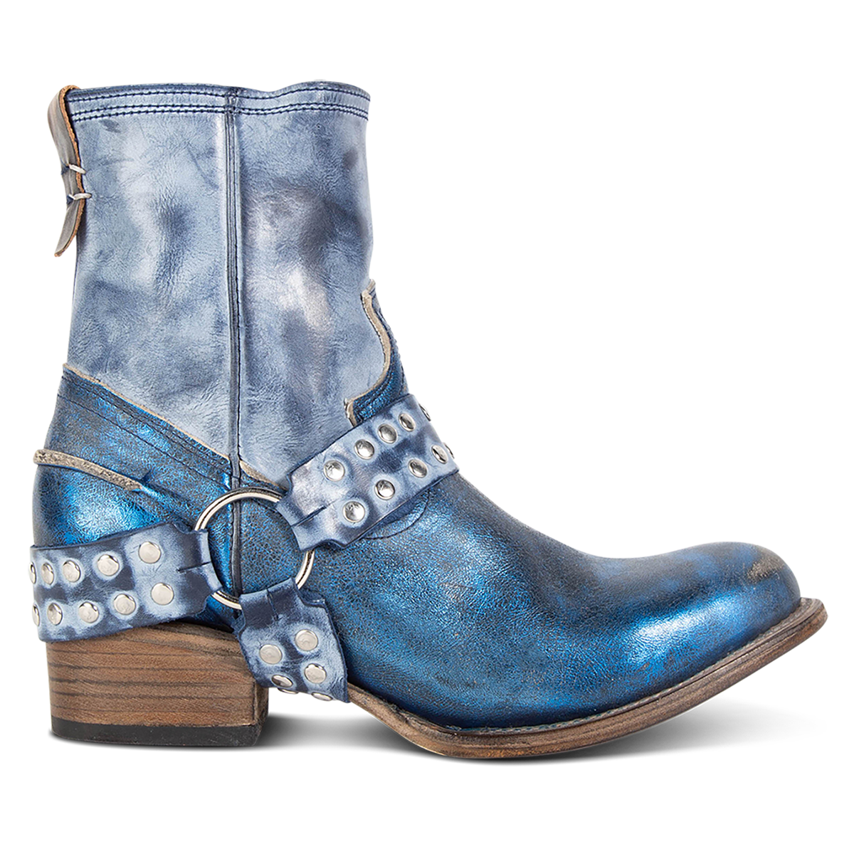  FREEBIRD women's Ramone royal multi full grain leather western crown bootie with inside zip closure and embellished harness