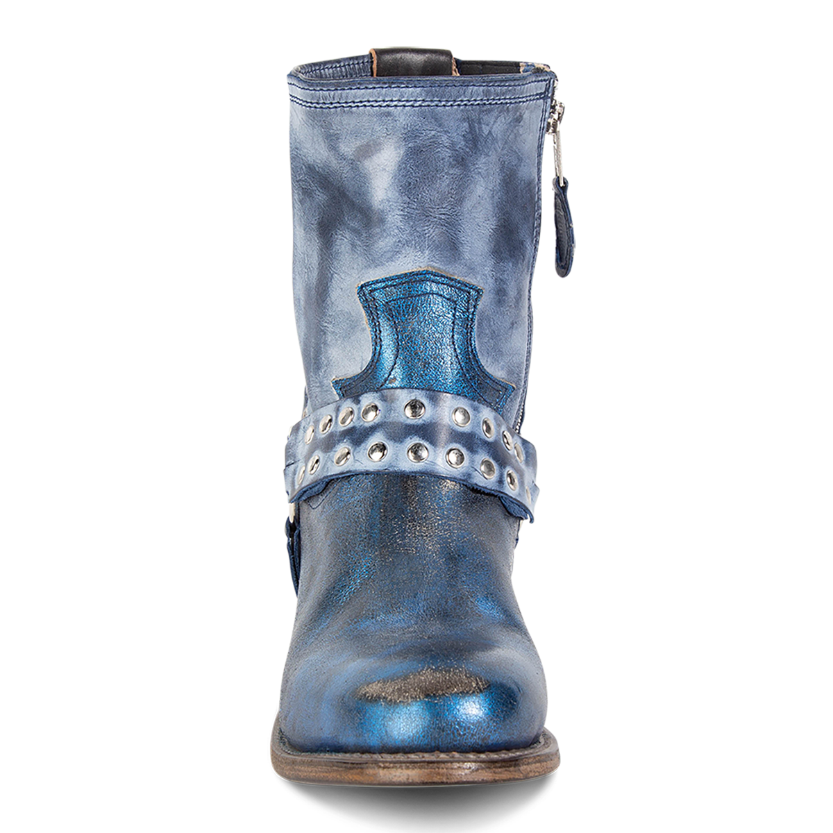 Front view showing western crown and embellished harness on FREEBIRD women's Ramone royal multi leather bootie