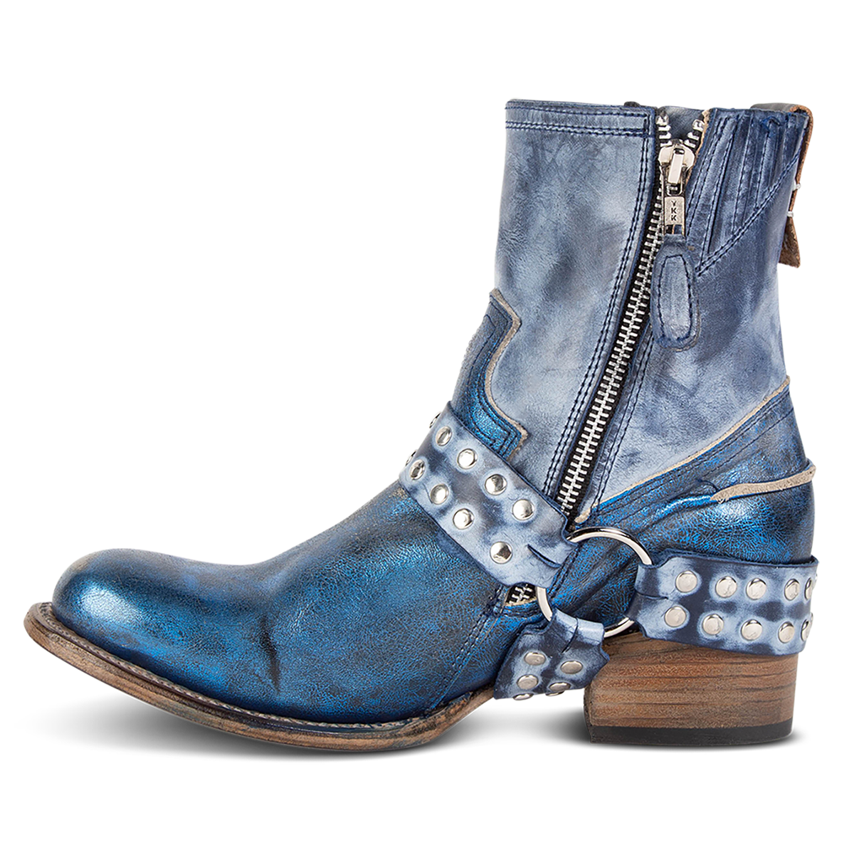 Inside view showing working zip closure and embellished harness on FREEBIRD women's Ramone royal multi leather bootie