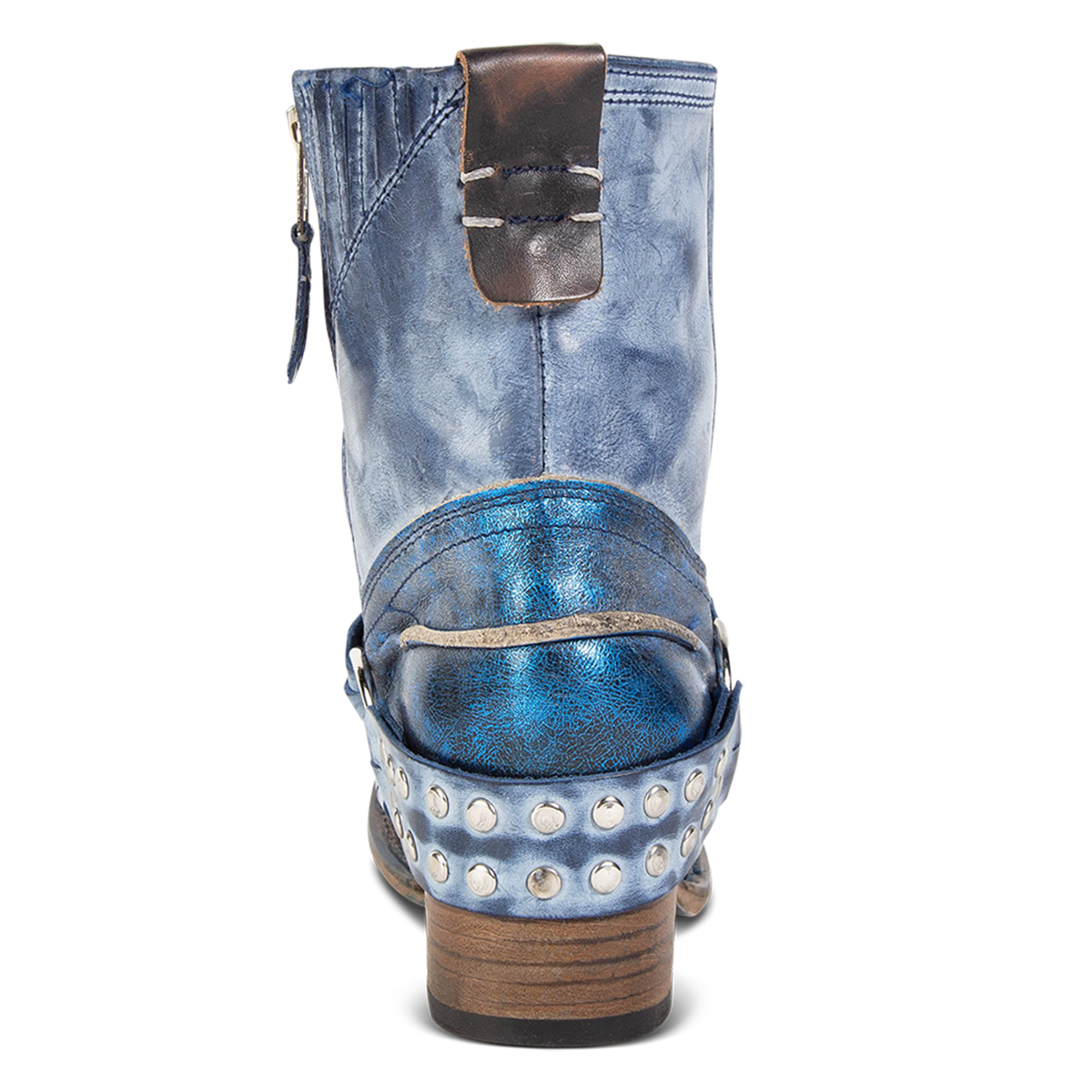 Back view showing back pull tab and embellished harness on FREEBIRD women's Ramone royal multi leather bootie