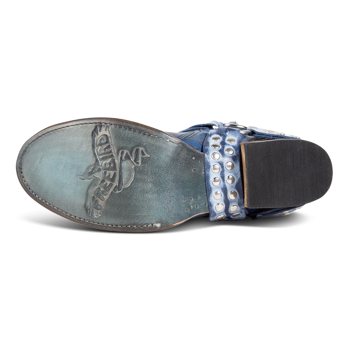 Leather sole imprinted with FREEBIRD on women's Ramone royal multi leather bootie