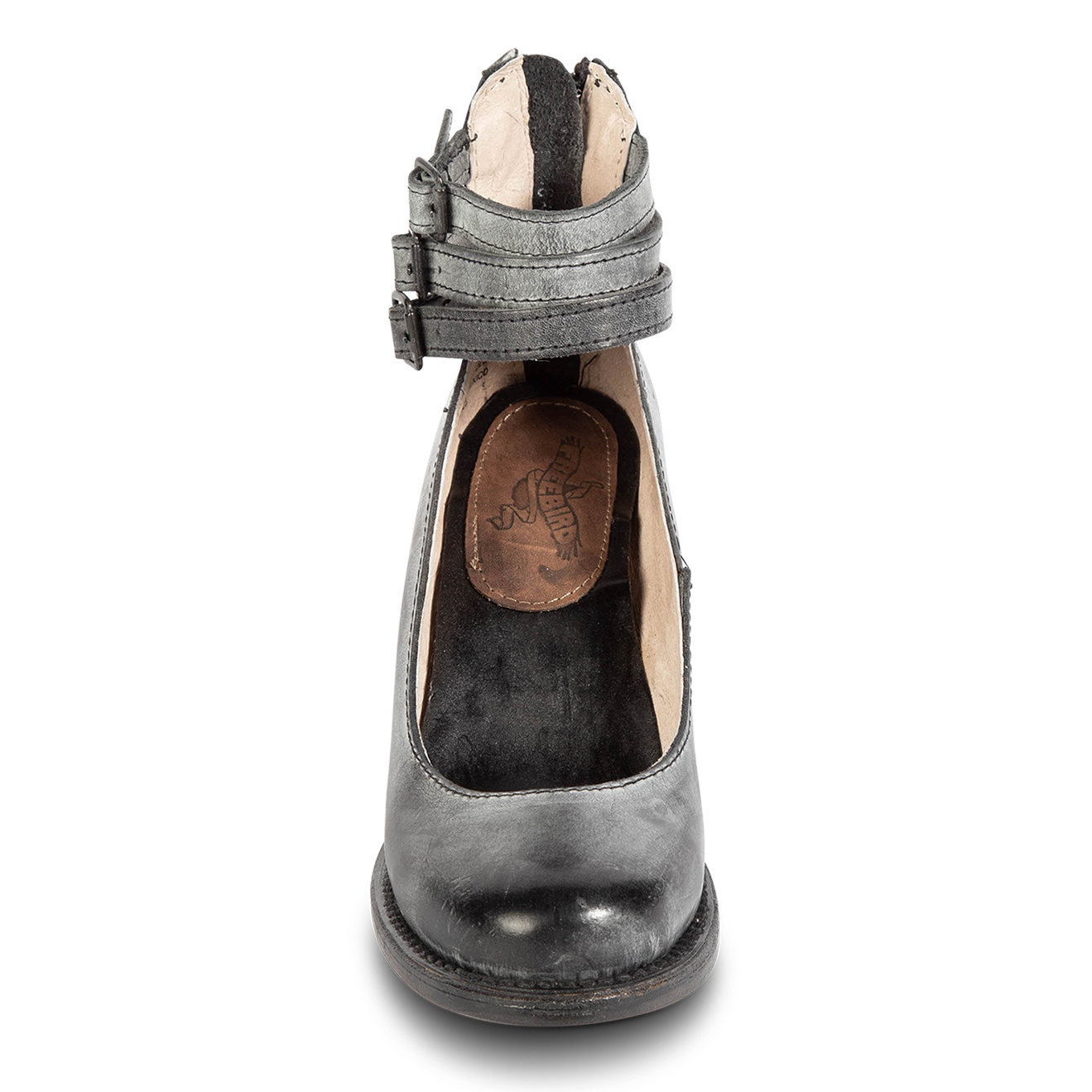 Front view showing open construction and three adjustable ankle straps on FREEBIRD women’s Randi black leather shoe