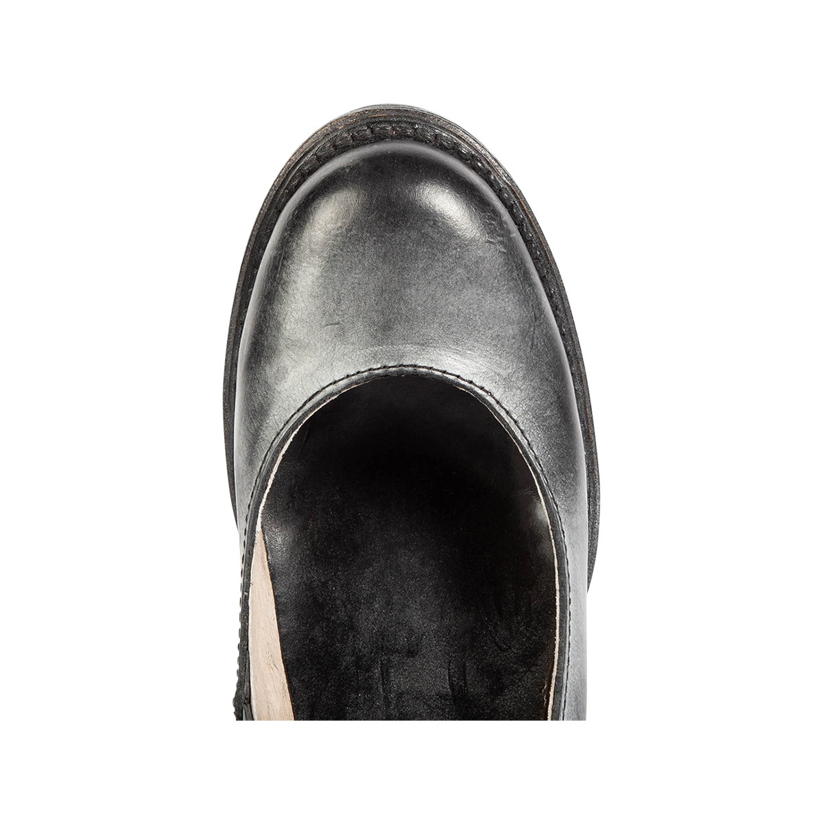 Top view showing round toe and open construction on FREEBIRD women’s Randi black leather shoe