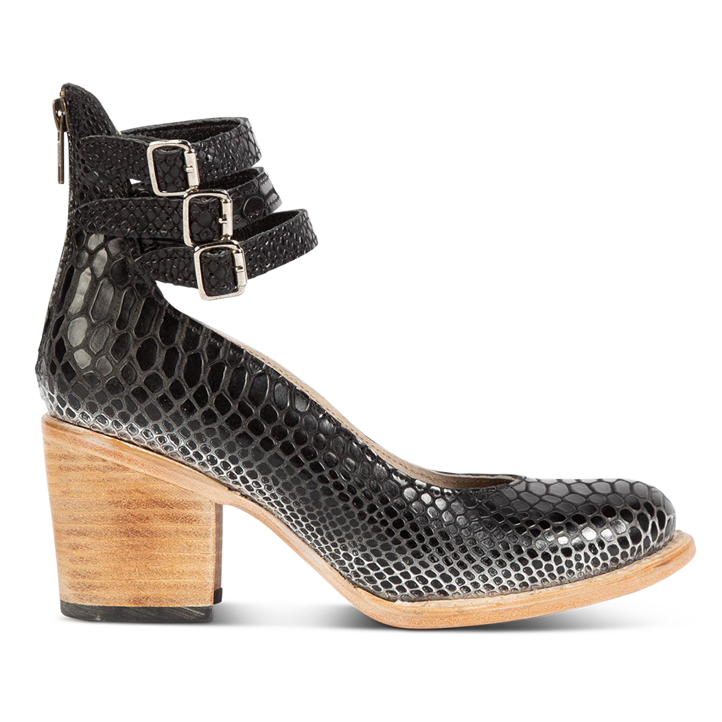FREEBIRD women's Randi black snake embossed leather open construction ankle strap heel with adjustable rustic buckles