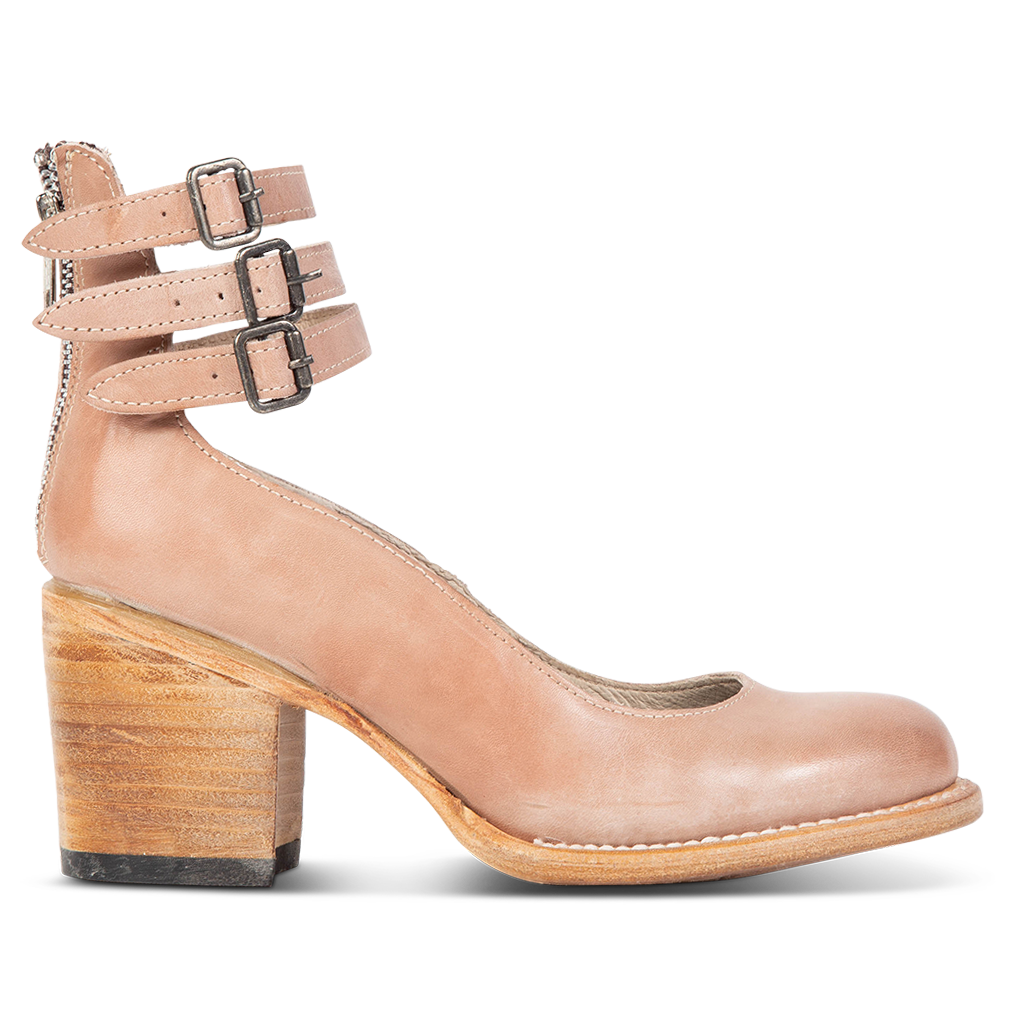FREEBIRD women's Randi blush embossed leather open construction ankle strap heel with adjustable rustic buckles