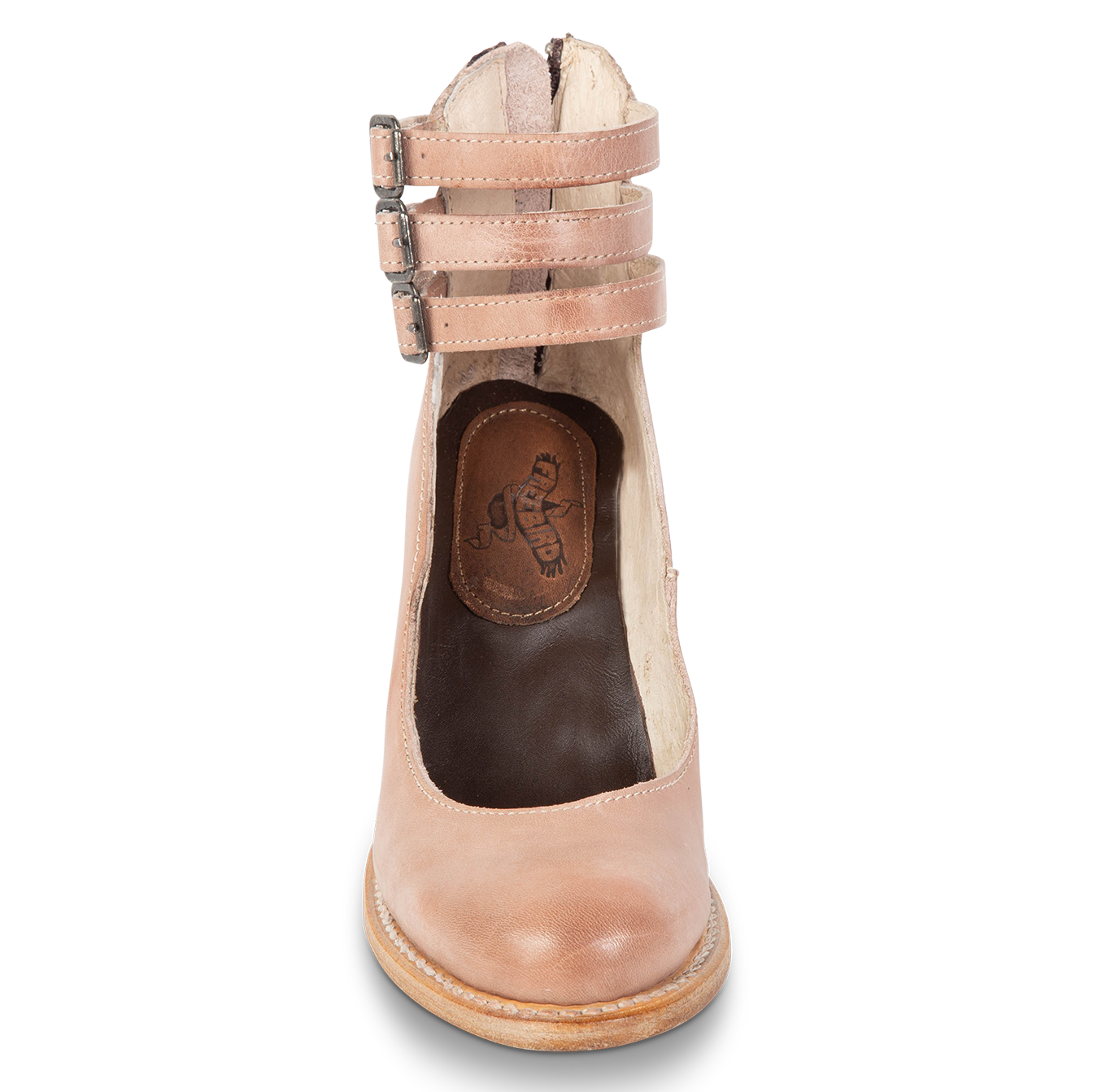 Front view showing open construction and three adjustable ankle straps on FREEBIRD women’s Randi blush shoe