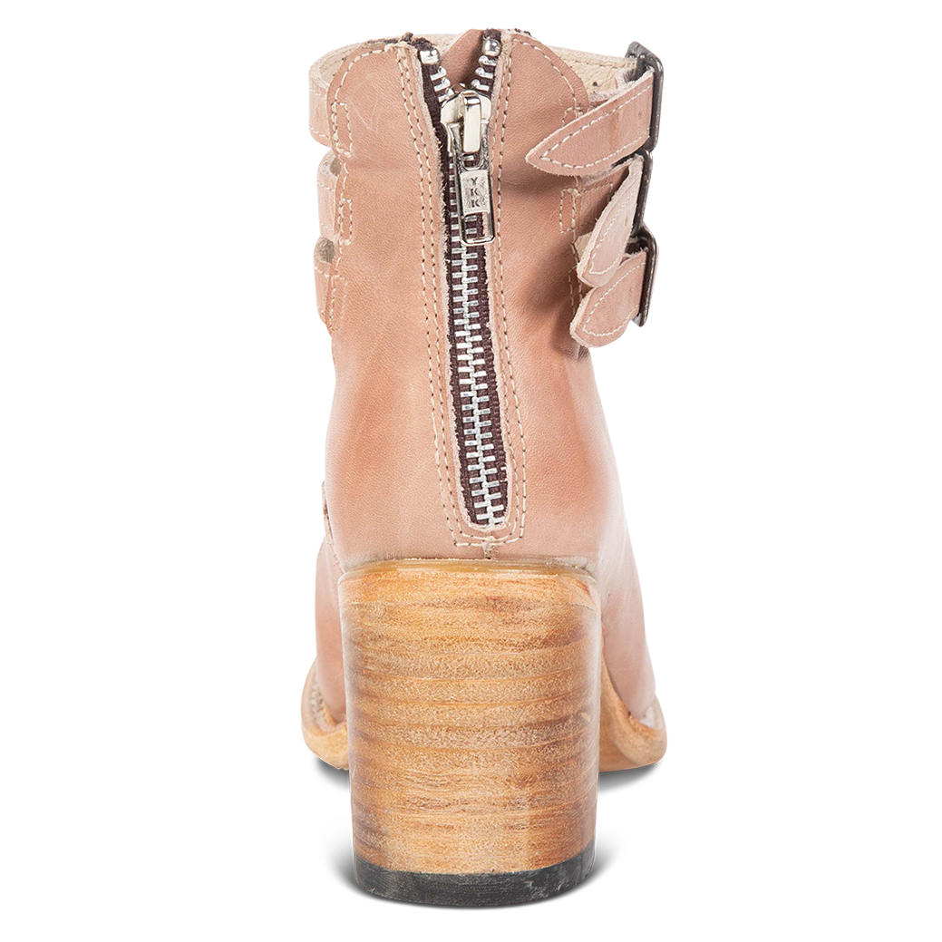 Back view showing working brass zip closure on FREEBIRD women’s Randi blush shoe