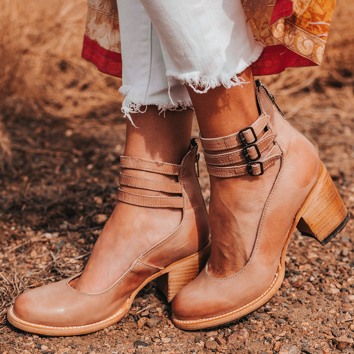 FREEBIRD women's Randi blush embossed leather open construction ankle strap heel with adjustable rustic buckles