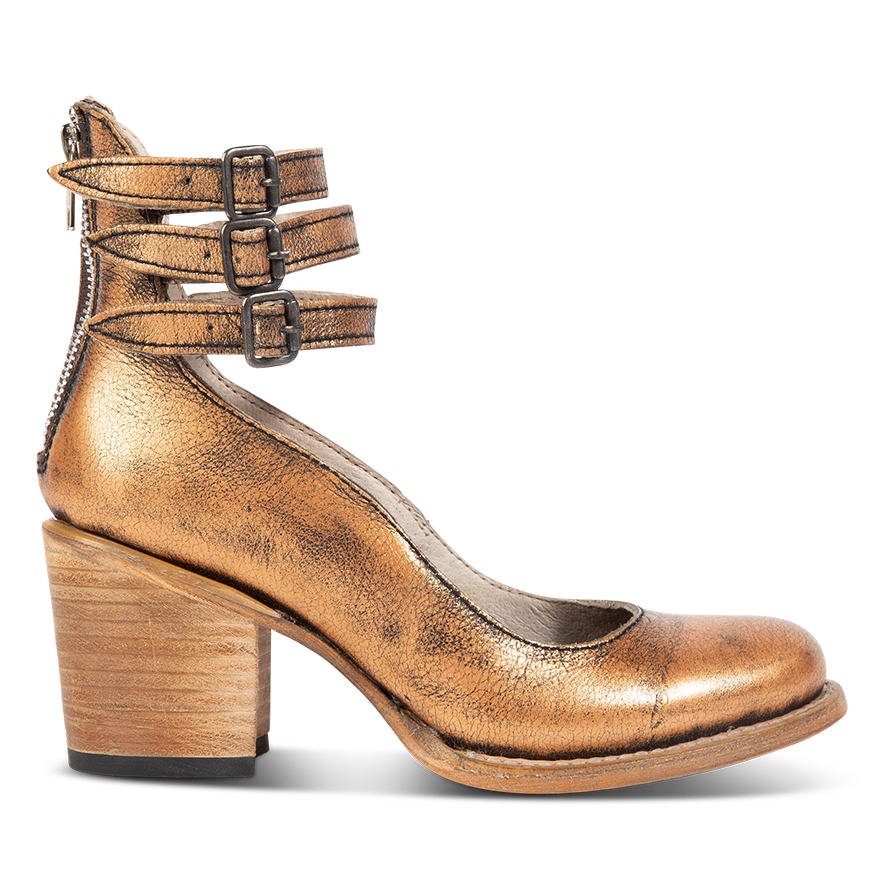 FREEBIRD women's Randi bronze open construction ankle strap heel with adjustable rustic buckles