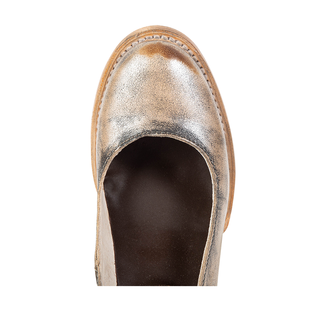 Top view showing round toe and open construction on FREEBIRD women’s Randi pewter shoe