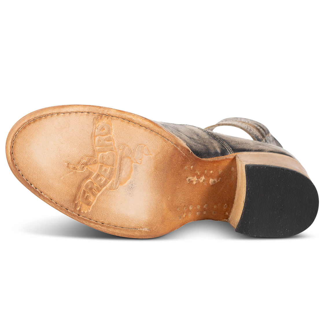 Leather sole imprinted with FREEBIRD on women’s Randi pewter shoe