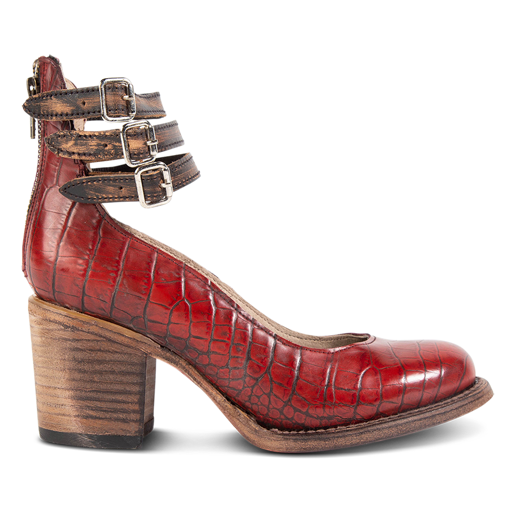 FREEBIRD women's Randi red croco leather open construction ankle strap heel with adjustable rustic buckles