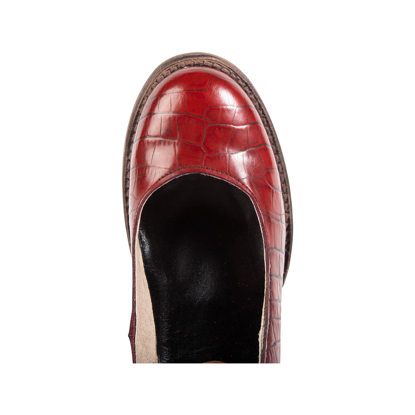 Top view showing round toe and open construction on FREEBIRD women’s Randi red croco leather shoe