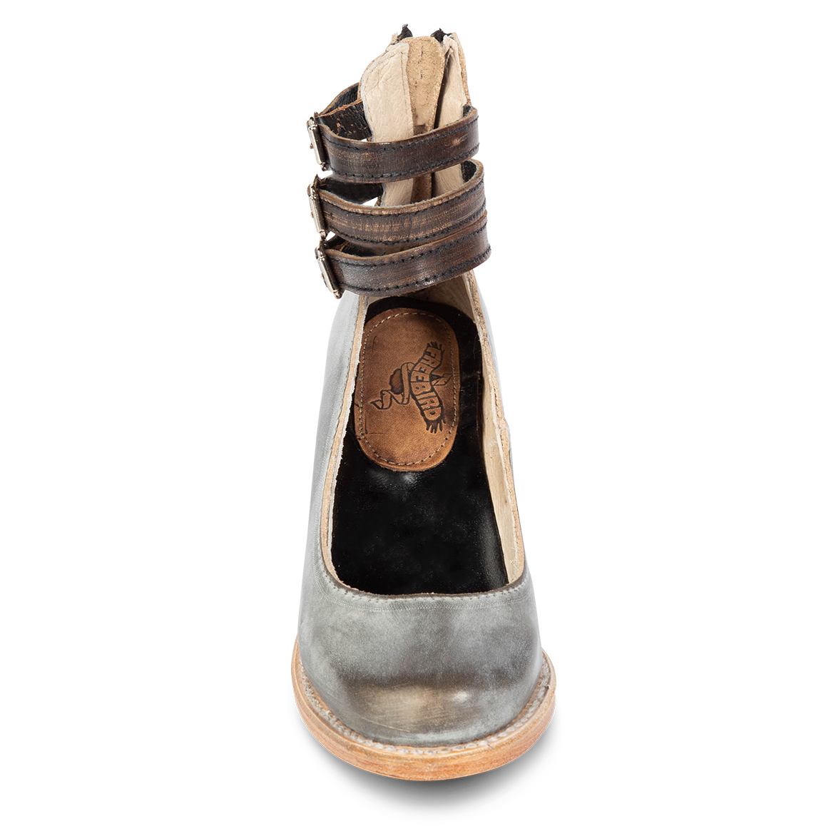 Front view showing open construction and three adjustable ankle straps on FREEBIRD women’s Randi smoke multi shoe