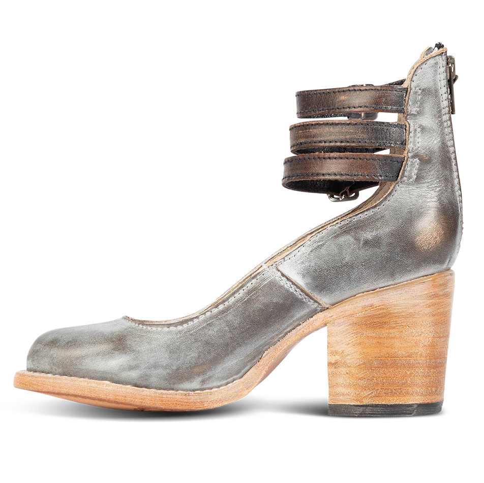 Inside view showing an open construction and wood heel with three adjustable ankle straps on FREEBIRD women’s Randi smoke multi shoe
