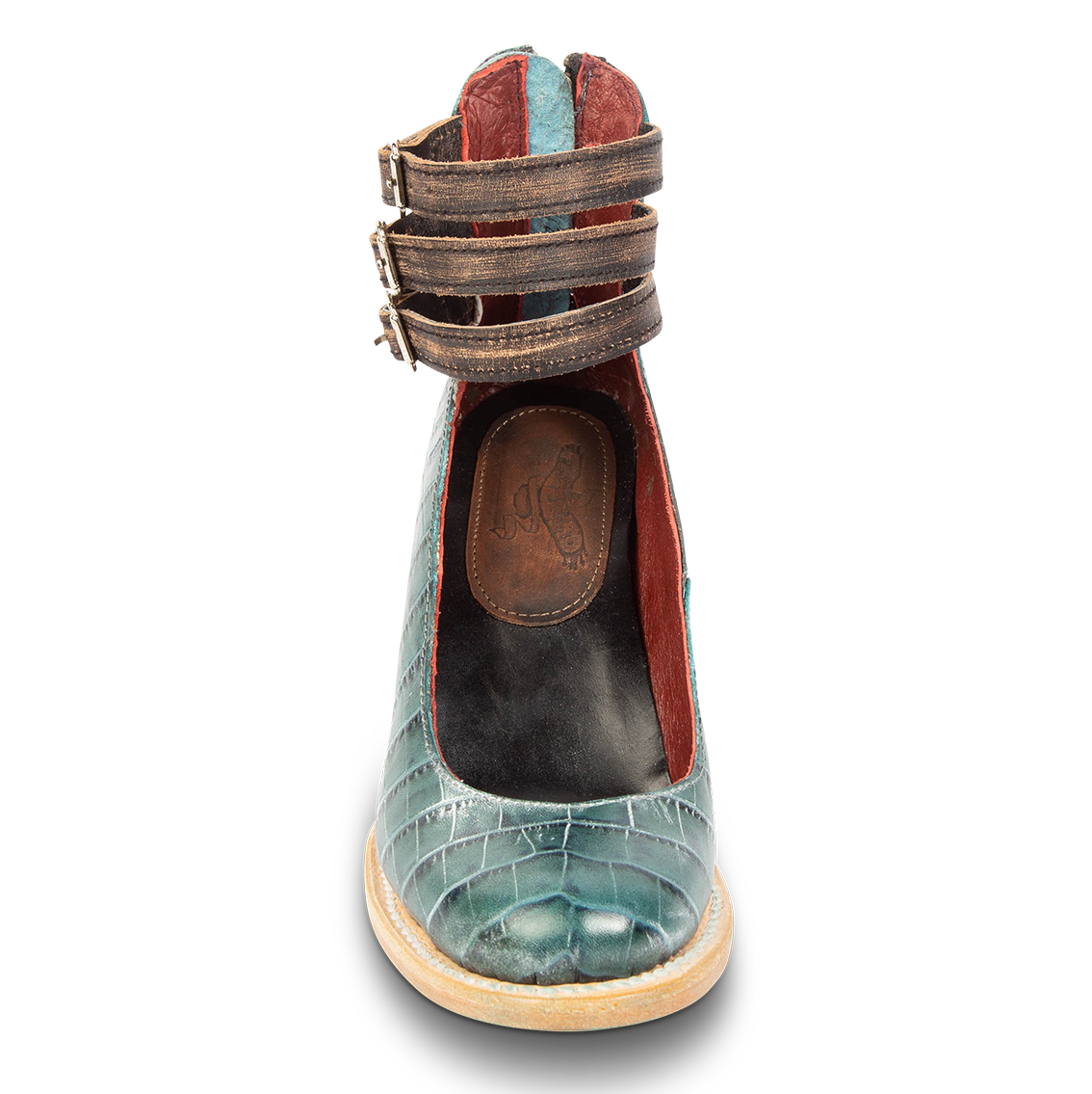 Front view showing open construction and three adjustable ankle straps on FREEBIRD women’s Randi turquoise croco shoe