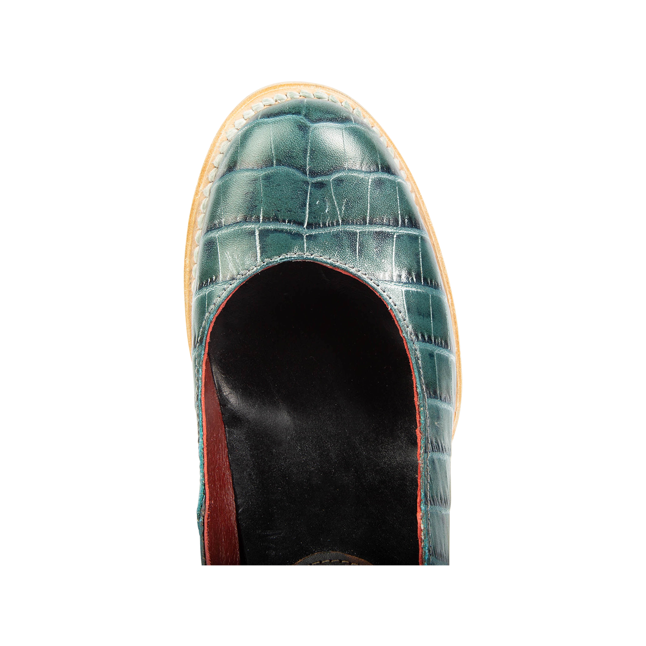 Top view showing almond toe and open construction on FREEBIRD women’s Randi turquoise croco shoe