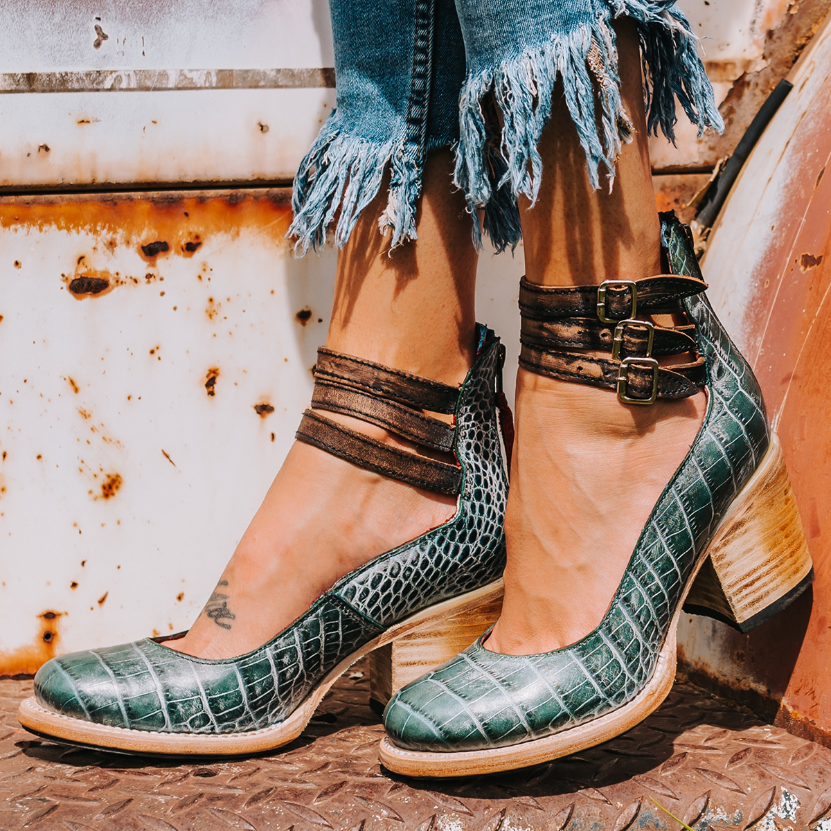 FREEBIRD women's Randi turquoise croco embossed leather open construction ankle strap heel with adjustable rustic buckles