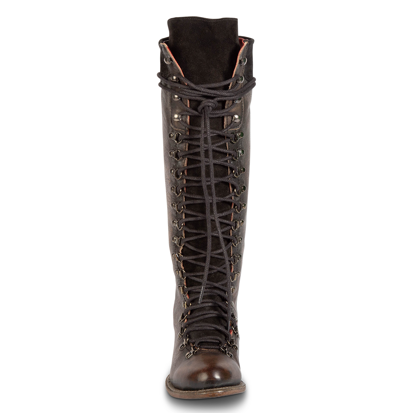 Front view showing lace up front shaft and eyelet lacing on FREEBIRD women's Raphael black boot