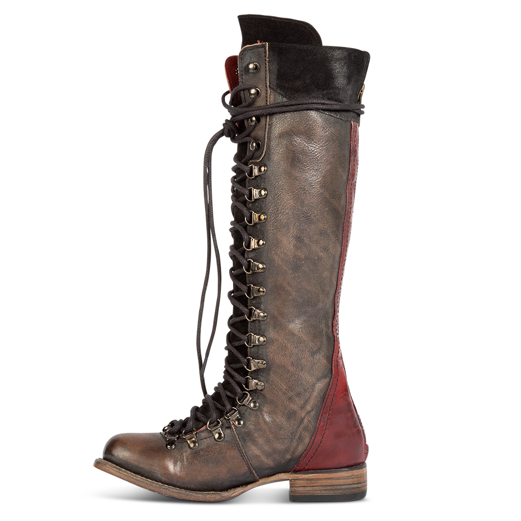 Inside view showing lace up front and suede/leather detailing on FREEBIRD women's Raphael black boot