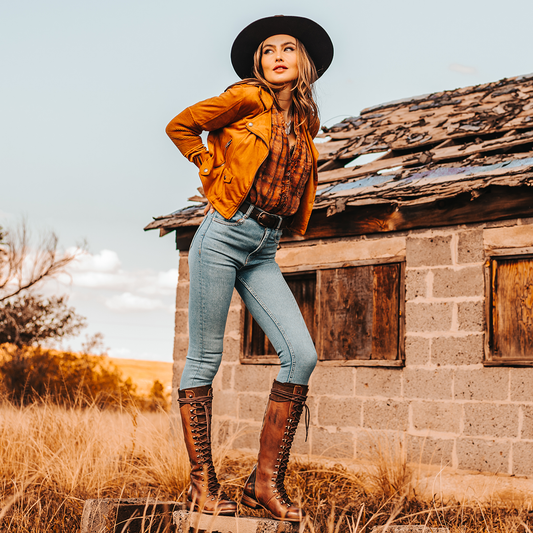FREEBIRD women's Raphael brown lace up front shaft and eyelet lacing featuring a full back zip closure