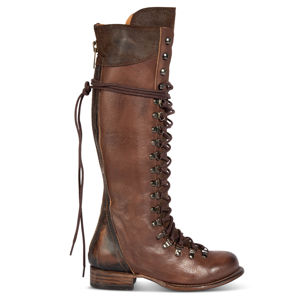 FREEBIRD women's Raphael brown lace up front shaft and eyelet lacing featuring a full back zip closure