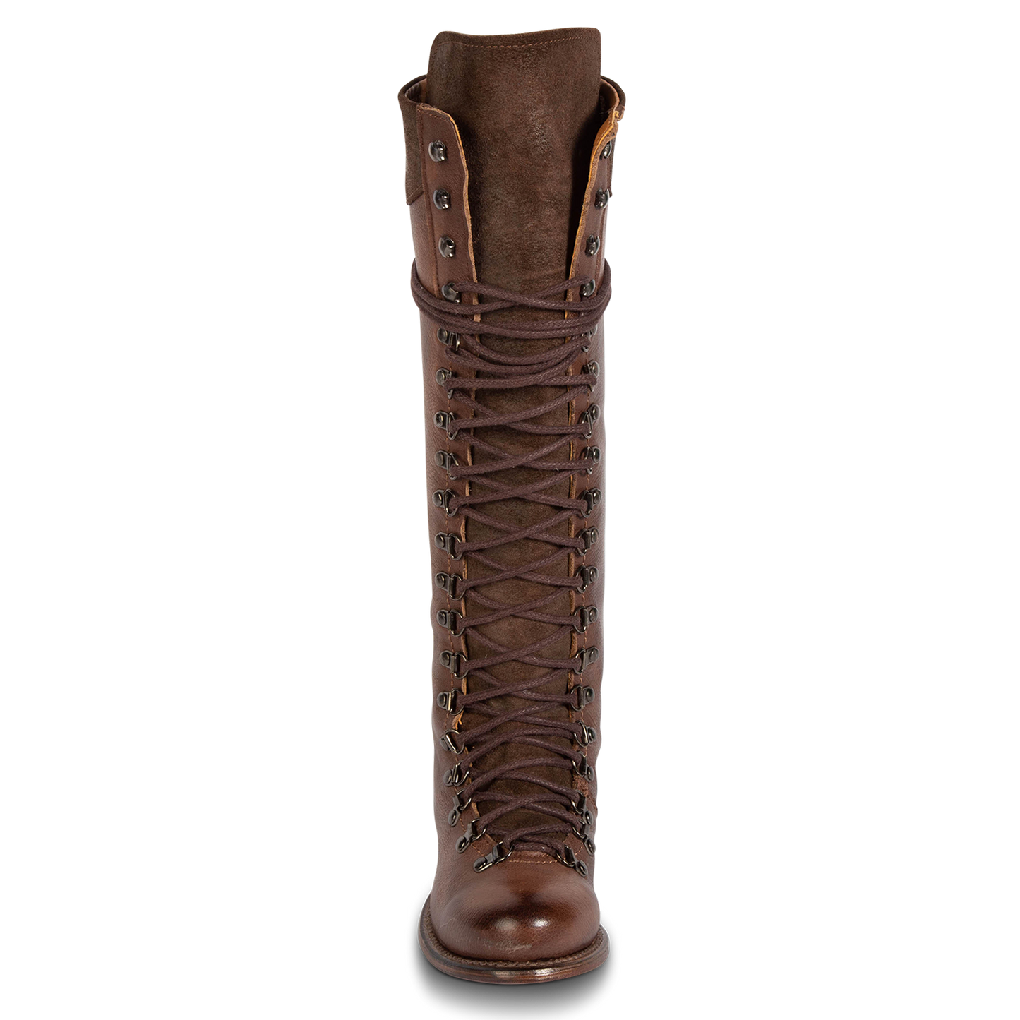 Front view showing lace up front shaft and eyelet lacing on FREEBIRD women's Raphael brown boot